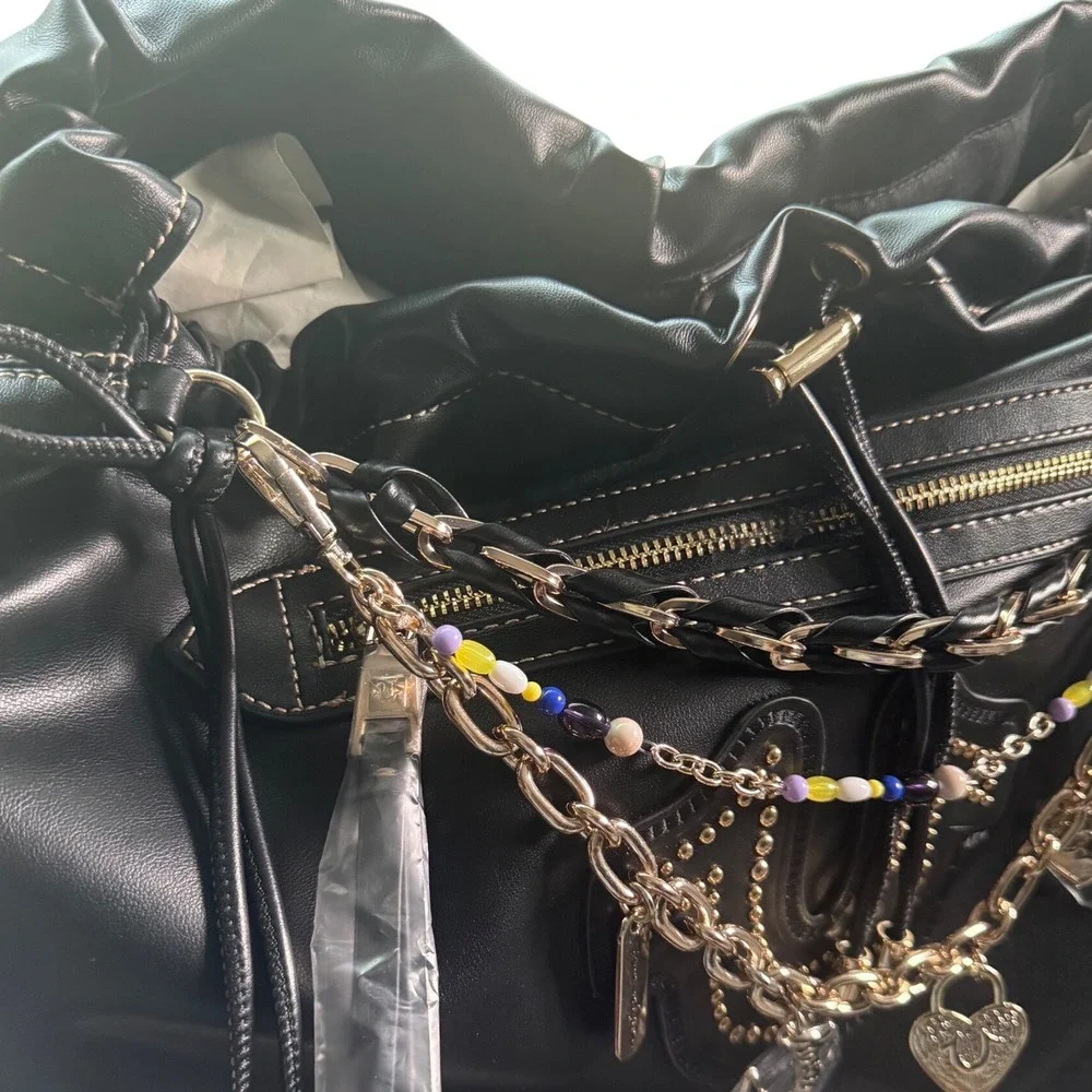 True Religion Black Faux Leather Multi Chain Strap Charm Gold Tonr Hobo Large